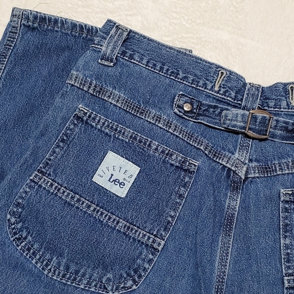 VINTAGE 90s Lee Riveted Dark Wash Wide Leg High Rise Skater Loose Fit Jeans - Picture 12 of 13